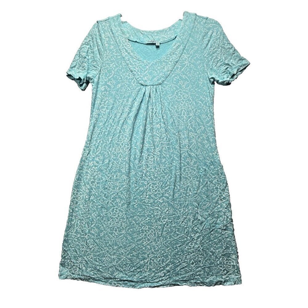 Fresh Produce Midi Dress Size M Stretch Floral White Blue Turquoise Short Sleeve